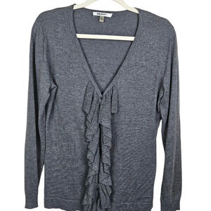DKNY Gray Sweater Gray Cardigan Ruffles V-Neck‎ Long Sleeve Button Size Medium